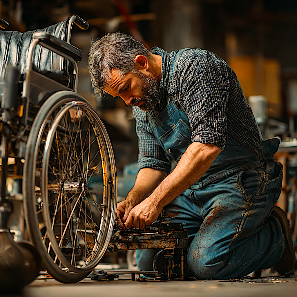 Image of a man kneeling and repairing a damaged wheelchair.