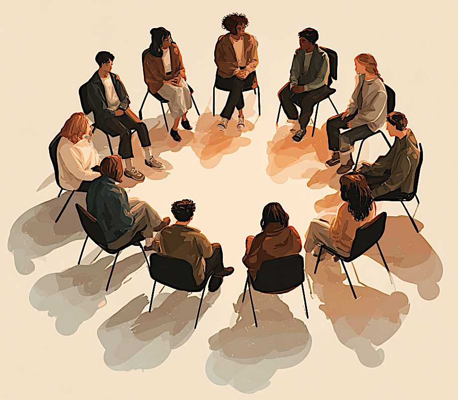 Illustration of several people sitting in a circle of chairs, representing a support group. Image produced by EurekaVision using Midjourney
