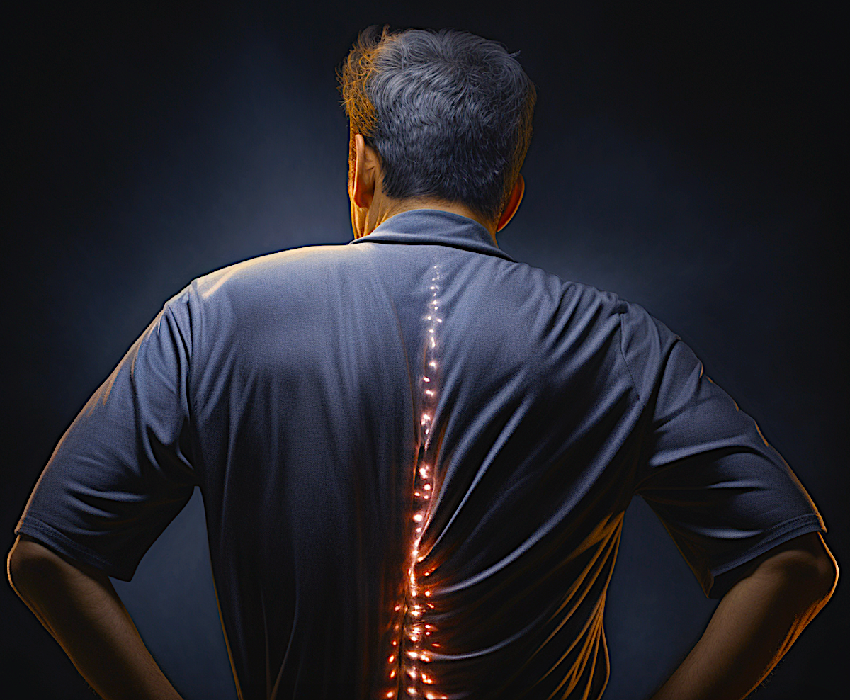 Image of man with back pain. Image produced by EurekaVision using Midjourney.
