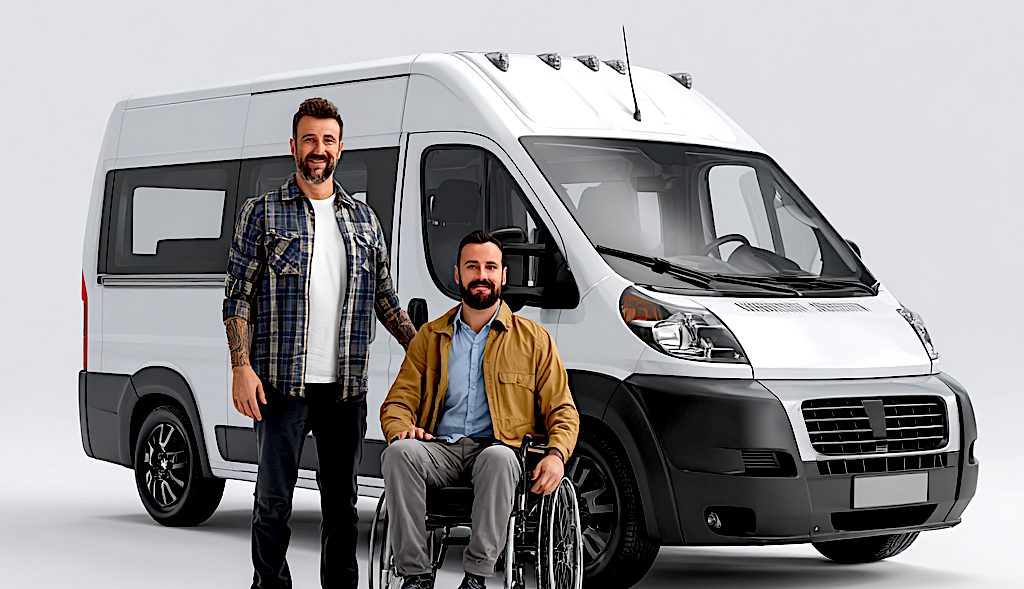 A man in a wheelchair beside an adaptive van. Image produced by EurekaVision using Midjourney