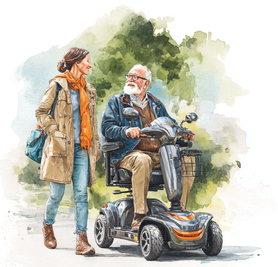Caregiver and man in scooter. Image produced by EurekaVision using Midjourney