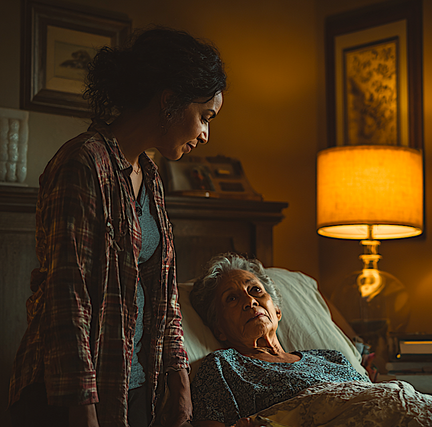 Caregiver standing beside loved one's bed. Image produced by EurekaVision using Midjourney