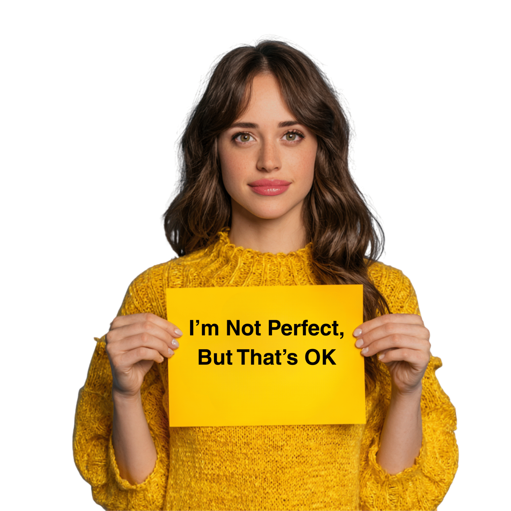 Woman holding a sign that says, "I'm Not Perfect, But That's OK." Image produced by EurekaVision using Midjourney