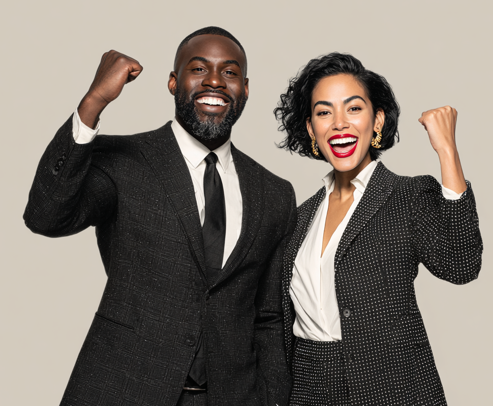 A man and a woman raising fists in victory. Image produced by EurekaVision using Midjourney