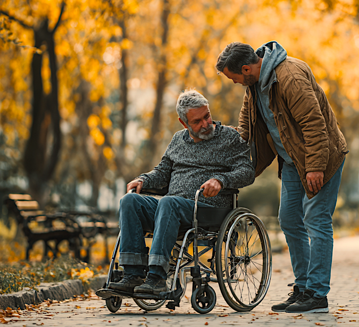 Man helping a man in a wheelchair. Image produced by EurekaVision using Midjourney