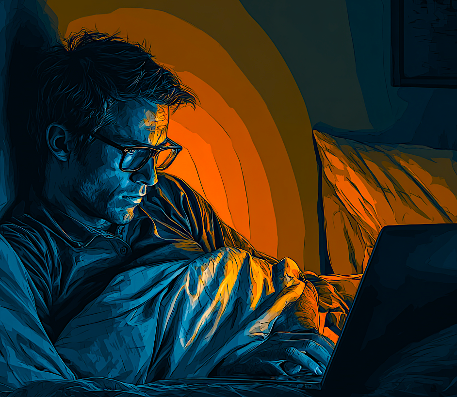 Man in bed reading about caregiving. Image produced by EurekaVision using Midjourney